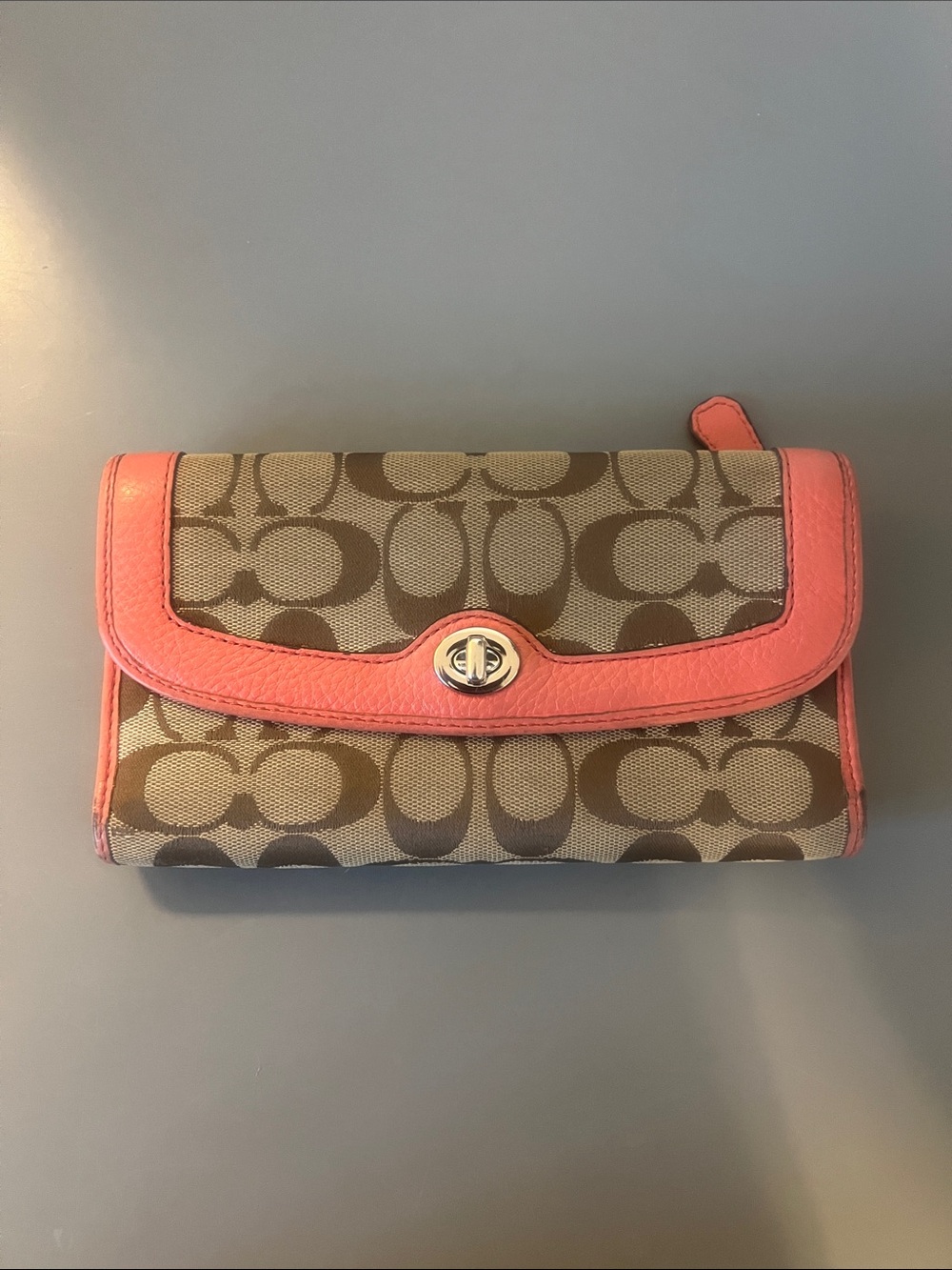 Coach Signature Canvas Wallet with Coral Trim and Turnlock
